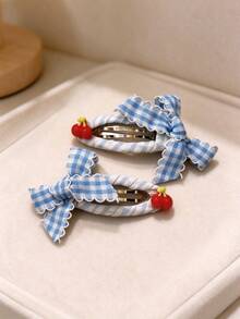 2pcs Women's Plaid Bow Fruit Decor Hair Clips, Handmade Sweet Style Side Bangs Hair Clips, Set Of 2, Suitable For Changing Hairstyles - Multicolor - View 8
