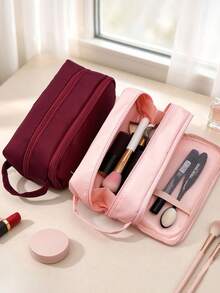 Large Capacity Divided Makeup Bag, Soft Fabric Zipper Cosmetic Organizer With Handle, Portable Travel Toiletry Bag For Women Daily Use - Multicolor - View 4