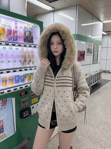 Cardigan Sweater Kerah Bulu Imitasi, Motif Nordik, Kancing Depan, Lengan Panjang, Rajutan Hangat, Khaki, Pakaian Luar Elegan untuk Musim Gugur dan Musim Dingin - Khaki - View 4