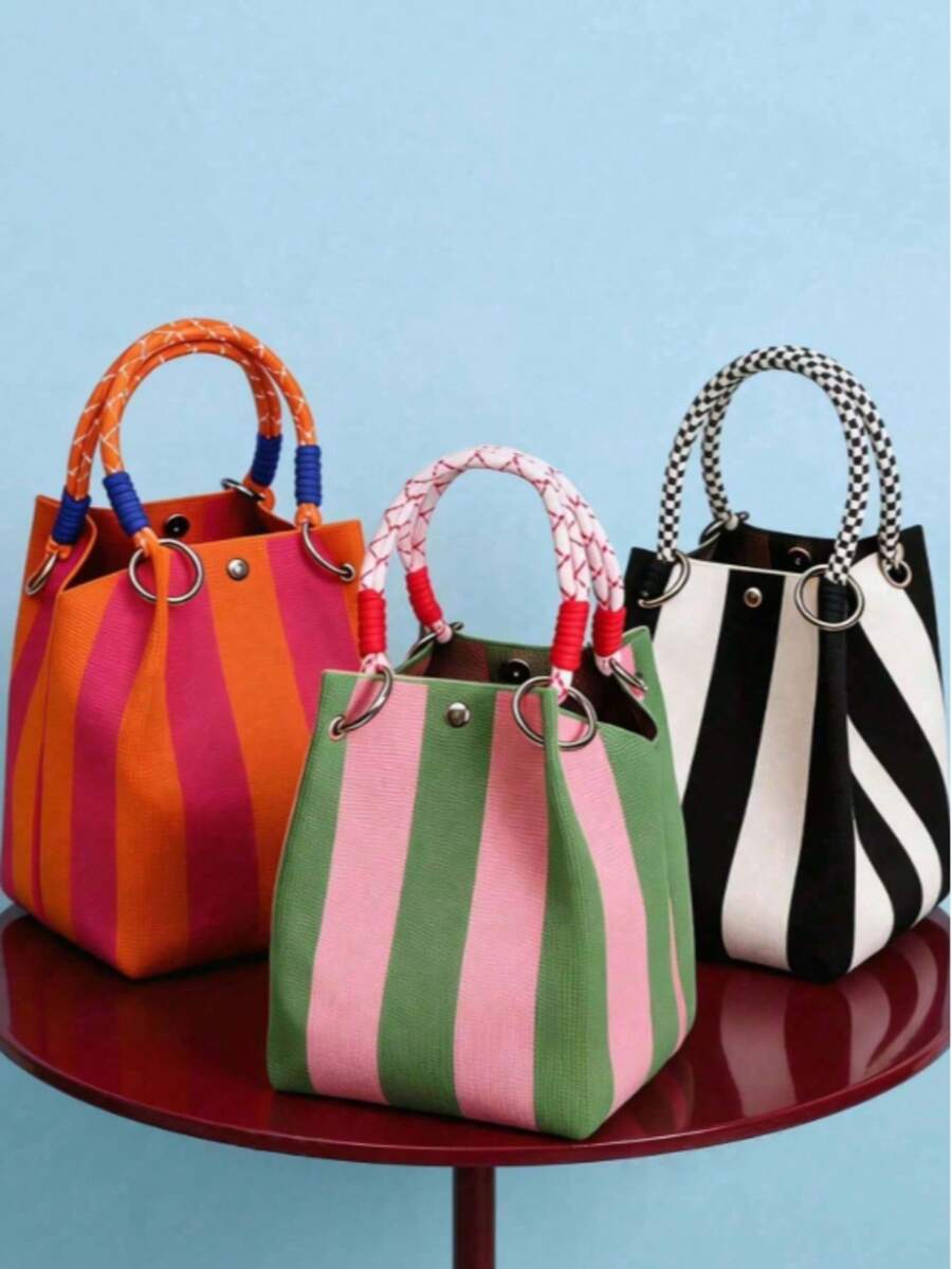 Space-Saving Storage And Organization, Bright Color Ergonomic Multi-Function Storage Bag, Knitted Striped Handbag, Suitable For Fashion Enthusiasts, Convenient For Daily Use, Can Store Small Items And Desktop Accessories, Multi-Function Storage Bag - Multicolor - View 1