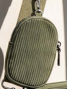Men's Solid Color Crossbody Bag, Mini One Shoulder Nylon Pouch, Coin Purse, Casual Canvas Small Square Bag, Mini Coin Purse, Adjustable Shoulder Strap, Travel Essential Corduroy Bag - Army Green - View 4