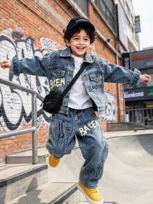Boys Kids Toddler Autumn Spring All Season Loose Fit Letter Print Hand-Drawn Graffiti Denim Jacket And Jeans 2 Pieces Set Street Style Suitable For Daily Wear School Outdoor Casual - Baby Blue - View 2