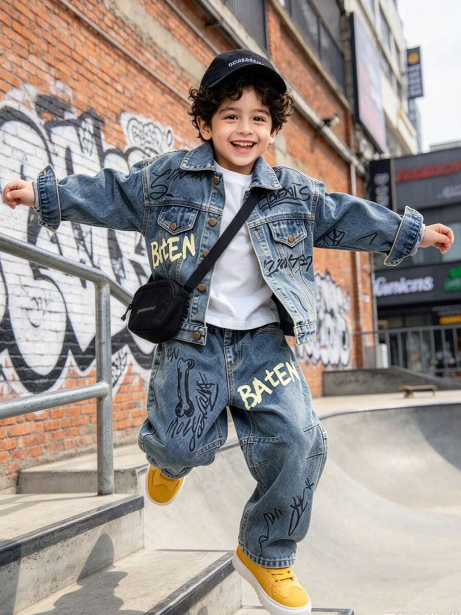 Boys Kids Toddler Autumn Spring All Season Loose Fit Letter Print Hand-Drawn Graffiti Denim Jacket And Jeans 2 Pieces Set Street Style Suitable For Daily Wear School Outdoor Casual