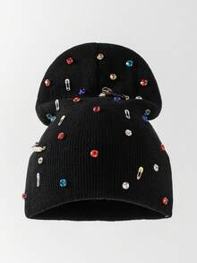 1 mũ len beanie nam thời trang đa năng màu trơn, đính ghim và đá rhinestone, mũ len dệt kim giữ ấm cho mùa thu/đông, phù hợp mặc hàng ngày và phối đồ - A - Xem 13