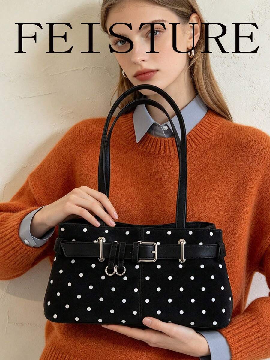 FEISTURE 1pc Polka Dot Print Women's Shoulder Bag With Strap, Suitable For Daily Outings, Dates, And Commuting
