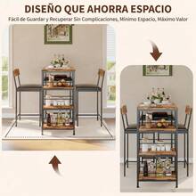 Desayunador para 2 Personas, Juego de Mesa de Comedor Cuadrada con 2 Taburetes y Portabotellas Integrado, Mesa Bar Compacta de 74 x 74 x 76, Estructura de Metal Negro y Tablero de Madera Vintage, para Cocina, Comedor y Departamento Pequeño - Marrón - Ver 2