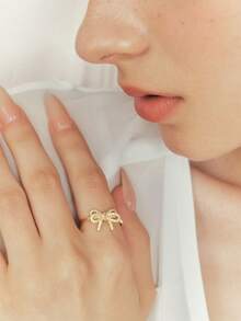 Sorayune 1pc Fashionable Personalized Sweet Creative Design Micro-Inlaid Cubic Zirconia Bowknot Open Ring - Gold - View 7