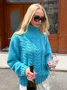 Women Turtleneck Cable Knit Sweater, Solid Color Oversized Long Sleeve Loose Fit Warm Pullover Jumper - Blue - View 3