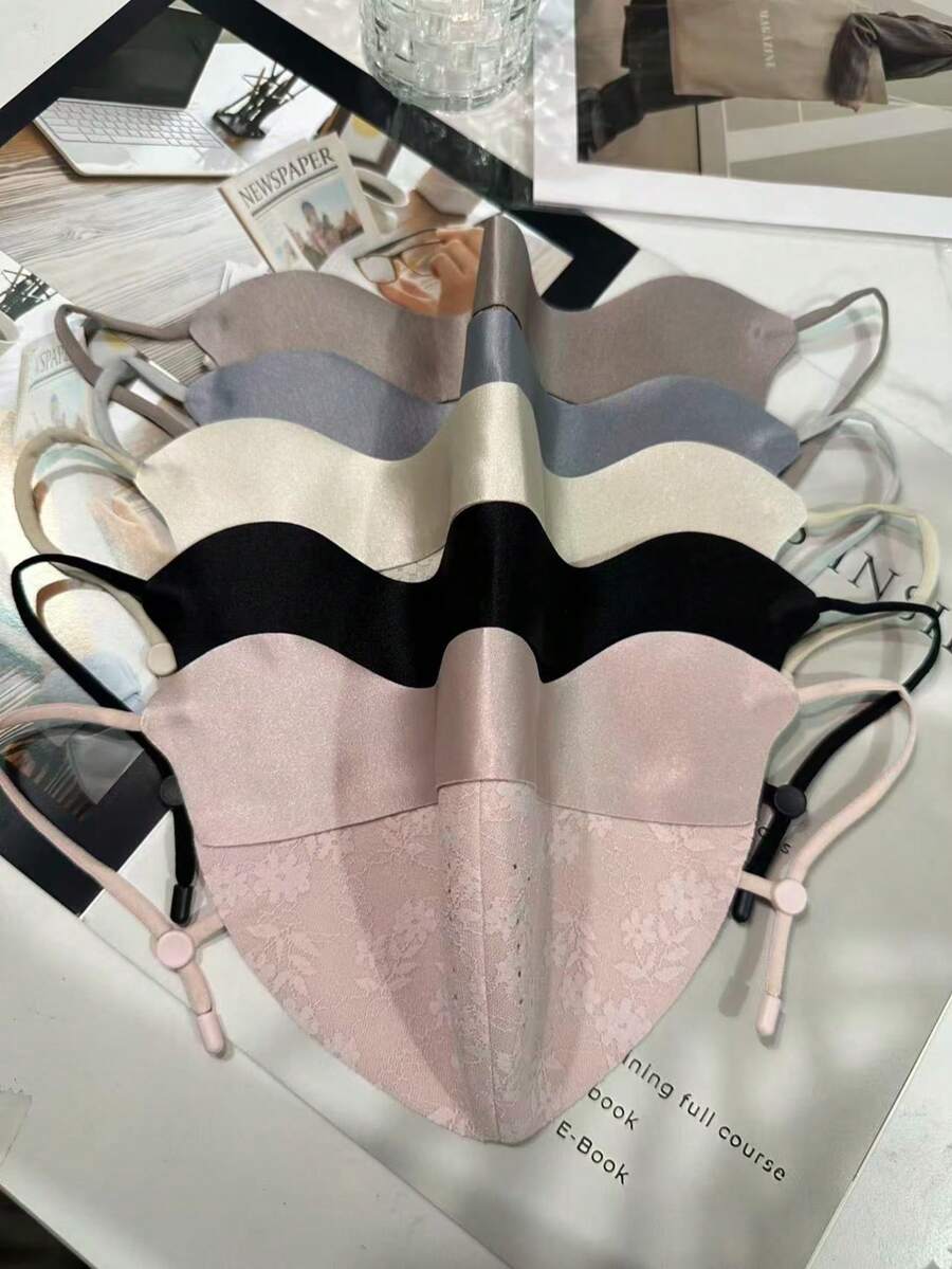 5‑Color Lace Spliced Satin Warm Face Mask,3D Stereo Windproof Adjustable Earloop Washable Face Cover For Women - Multicolor - View 1