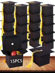 50/15pcs/1pc Graduation Cap Candy Box, Graduation Party Supplies 2025 Graduation Gift Candy Box Suitable For Graduation Party Gifts - Black Box + Yellow Rope - View 12