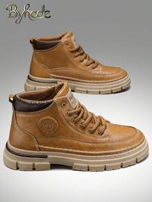 Men's Vintage Leather High-Top Boots, Casual Elevator Shoes, Autumn Ankle Boots, Waterproof Work Boots - Yellow - View 2