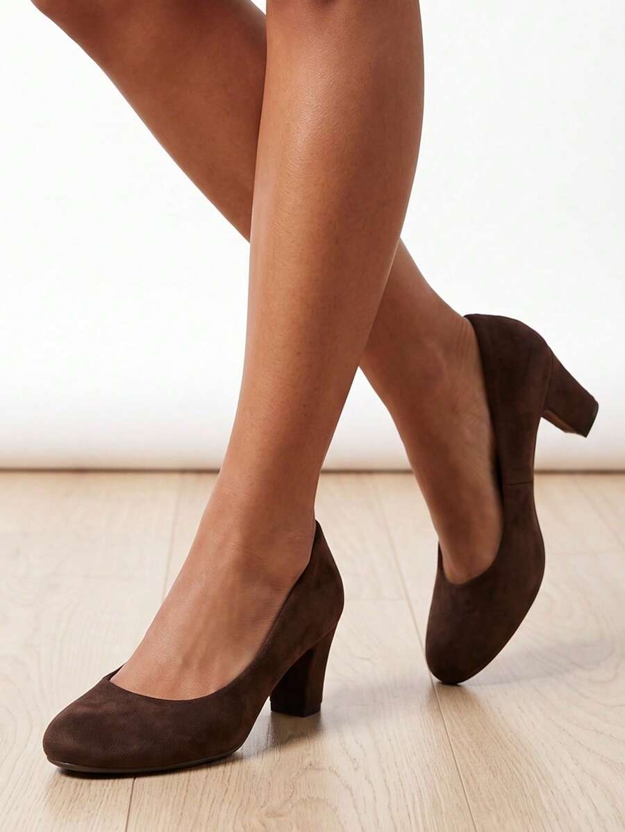 Round Toe Comfortable High-End High Heel Women's Shoes Commuter Plain Design All Season - Brown - View 1