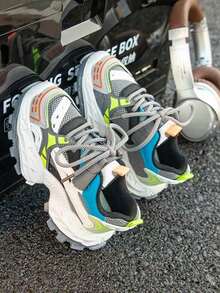 Children's Chunky Sneakers, All-Season Mesh Breathable Kids' Shoes, Colorblock Contrast Design, Mid-To-Large Kids' Sports Sneakers, Soft Sole Casual Shoes - Grey - View 2