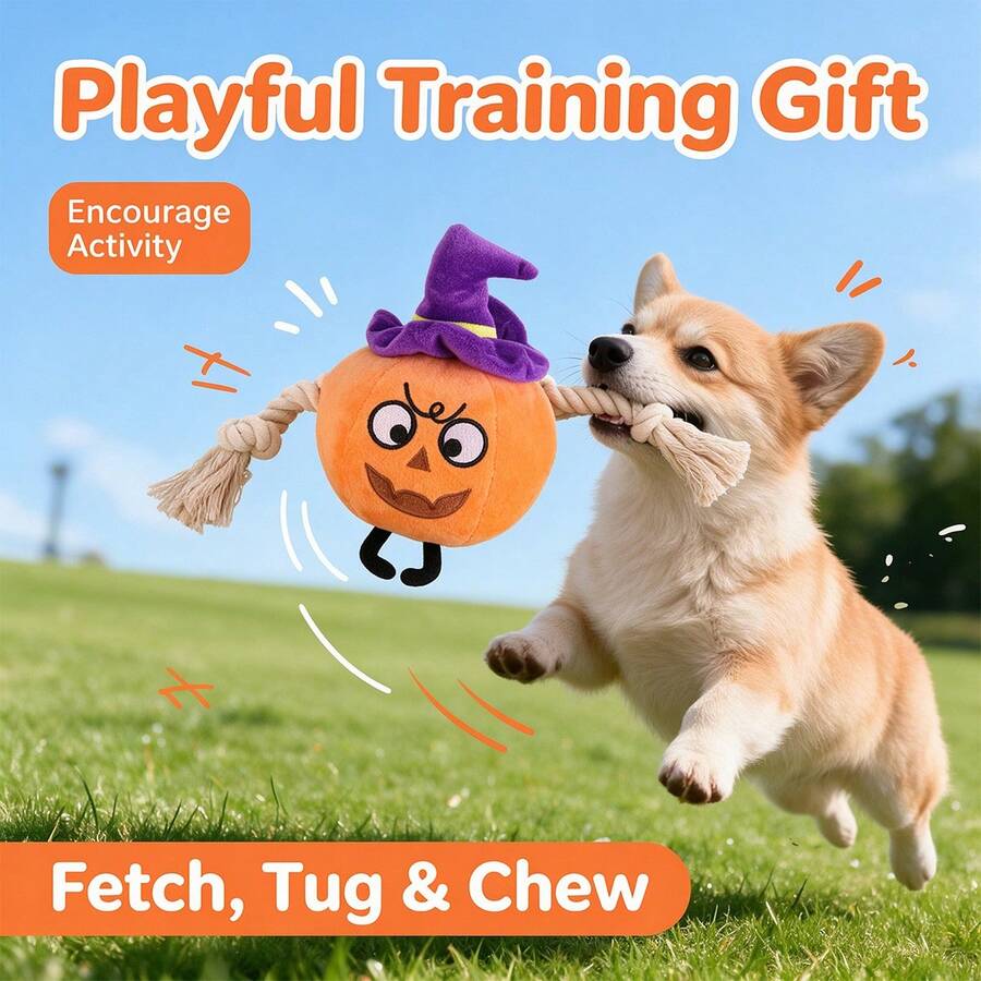 10pcs Halloween Pumpkin Plush Dog Rope Toy, Witch Hat Design Interactive Tug Fetch Chew Toy For Pets Training - Ginger - View 1