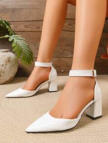 MILLION White Pointed Toe Ankle Strap Chunky Heel Elegant Dress High Heels, Suitable For Wedding, Banquet, Party And Formal Occasions - White - View 5