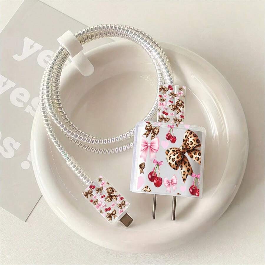 5pcs 2D Flat Design Cherry Bow Phone Charger Protector Set, Charger Head Cover + Cable Protector + Storage Rope + Data Cable Protector Wrap Rope, Compatible With Iphone 20W/18W Charger - Multicolor - View 1