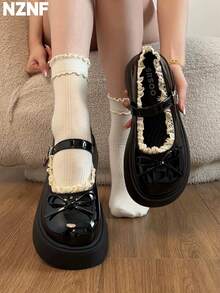 NZNF Thick Sole Height-Increasing Bow Wedge Mary Jane Shoes For Women, 2026 New Fashion Versatile Match With Skirts - Black - View 1