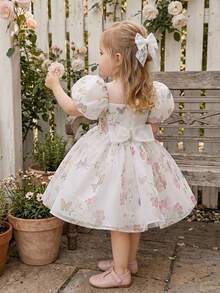 Baby Girls Puff Sleeve Beaded Bow Print Organza Cute Flower Girl Dress, Suitable For Party, Outdoor Outing, Evening Event, Fabric Pattern Random Cut, Headband Not Included - Multicolor - View 5