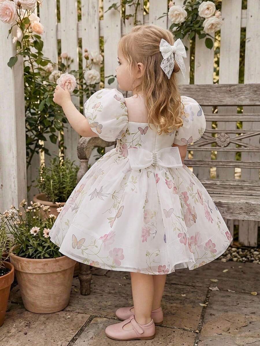 Baby Girls Puff Sleeve Beaded Bow Print Organza Cute Flower Girl Dress, Suitable For Party, Outdoor Outing, Evening Event, Fabric Pattern Random Cut, Headband Not Included - Multicolor - View 1