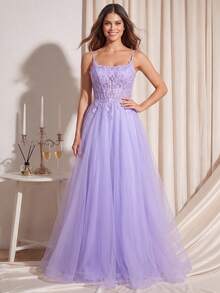Spaghetti Strap Lace Prom Dress, Banquet Dresses Party Fall Elegant Wedding - Lilac Purple - View 2