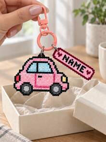 1pc Customized Name Pink Car Keychain, Personalized Pixel Style Car Bag Charm With Name Tag, Cute Backpack & Handbag Accessory, Birthday Gift For Girls, Friends And Car Enthusiasts - Multicolor - View 4