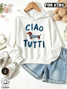 Girls Cartoon Dachshund Letter Print Hooded Sweatshirt, Casual Long Sleeve Pullover Sweatshirt - White - View 10