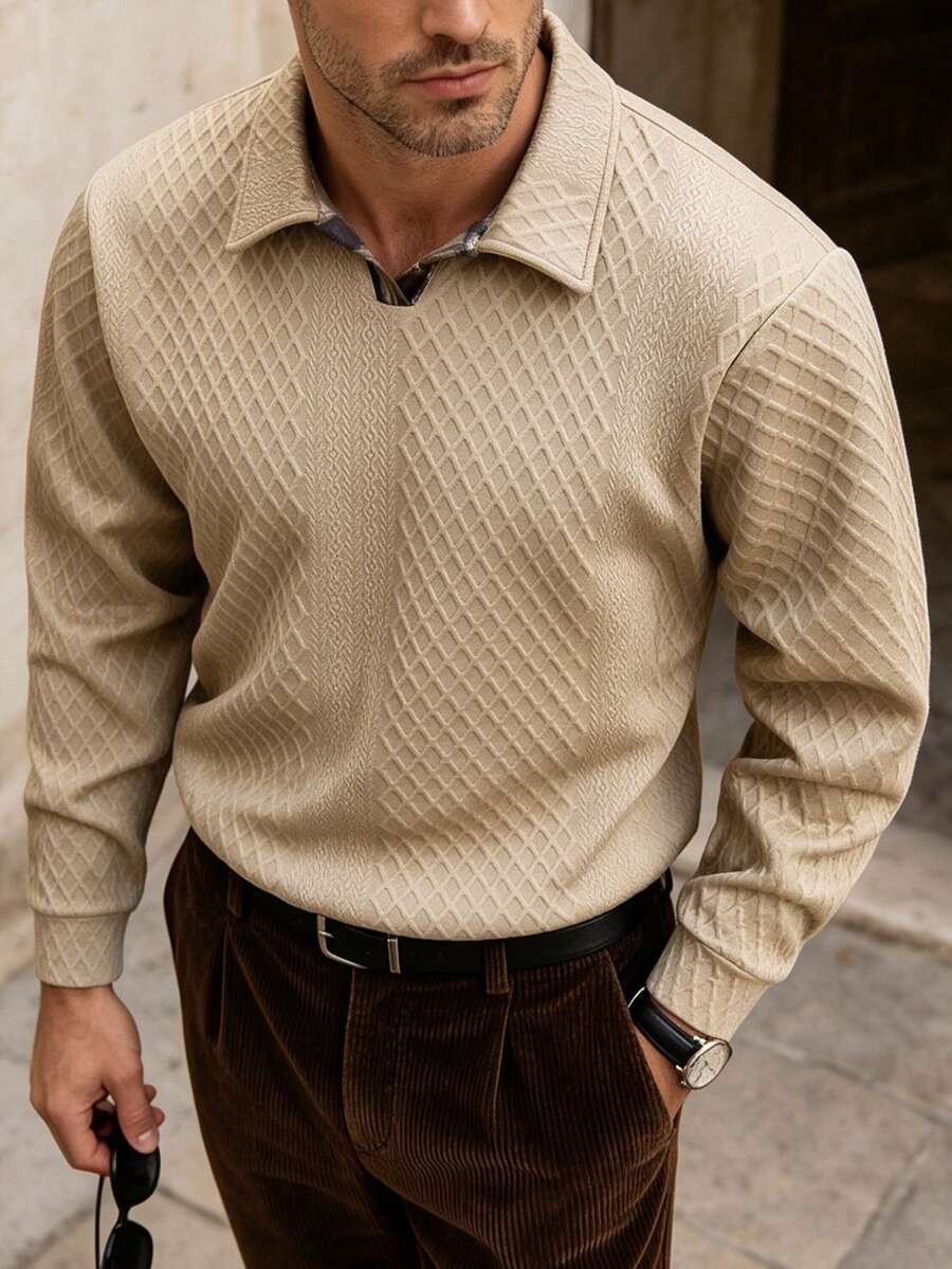Men's Spring/Autumn Casual Fashion Polo Collar Half-Zip Pullover Long Sleeve Sweatshirt, Suitable For Daily Commute And Vacation - Khaki - View 1