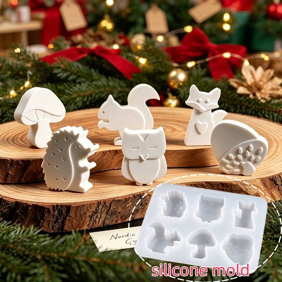 1pc Animal Mushroom Plaster Ornament Mold, Squirrel Hedgehog Fox Pinecone Mushroom Cartoon Candle Silicone Mold, Christmas Decoration Resin Mold, Perfect For Handmade Crafts, Easy Demolding And Reusable - Silicone Mold - View 1