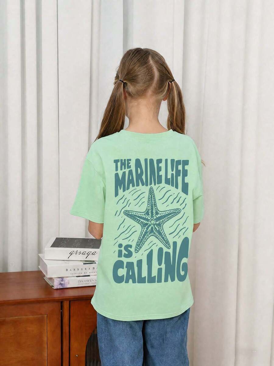 Teen GirlTurtle & Letter Print Round Neck Short Sleeve T-Shirt, Casual Summer Top - Mint Green - View 1