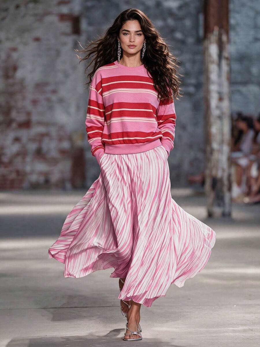 2026 Autumn/Winter Women's Casual Versatile Colorblock Striped Sweatshirt, Suitable For Shopping, Commuting, Dating And Other Occasions - Hot Pink - View 1