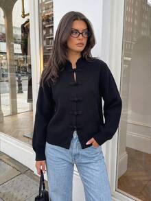 Women's Elegant Black Knit Cardigan With Chinese Knot Buttons, Long Sleeve Regular Length Top, Suitable For Autumn/Winter - Black - View 1