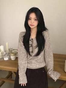 Korean Style V-Neck Soft Knit Sweater Women's Top, Loose Fit Flattering Design, Button Cuff Detail, Versatile Casual Long Sleeve Sweater, Autumn/Winter New - Khaki - View 3