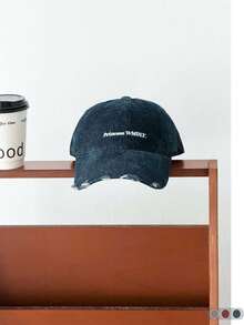 American Vintage Ripped Baseball Cap With Embroidered Letters, Distressed Dad Hat For Women, Autumn/Winter Cool Couple Versatile Casual Baseball Cap, Distressed Letter Embroidered Baseball Cap, Burgundy Suede Letter Embroidered Baseball Cap For Women Versatile - Multicolor - View 4