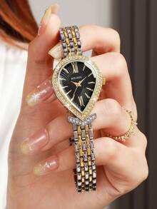 Women's Luxury Rhinestone Teardrop Roman Numeral Dial Quartz Watch, Elegant Two-Tone Alloy Band Wristwatch, Gift For Girlfriend (1pc/Set) Watch Box Not Included - Multicolor - View 4