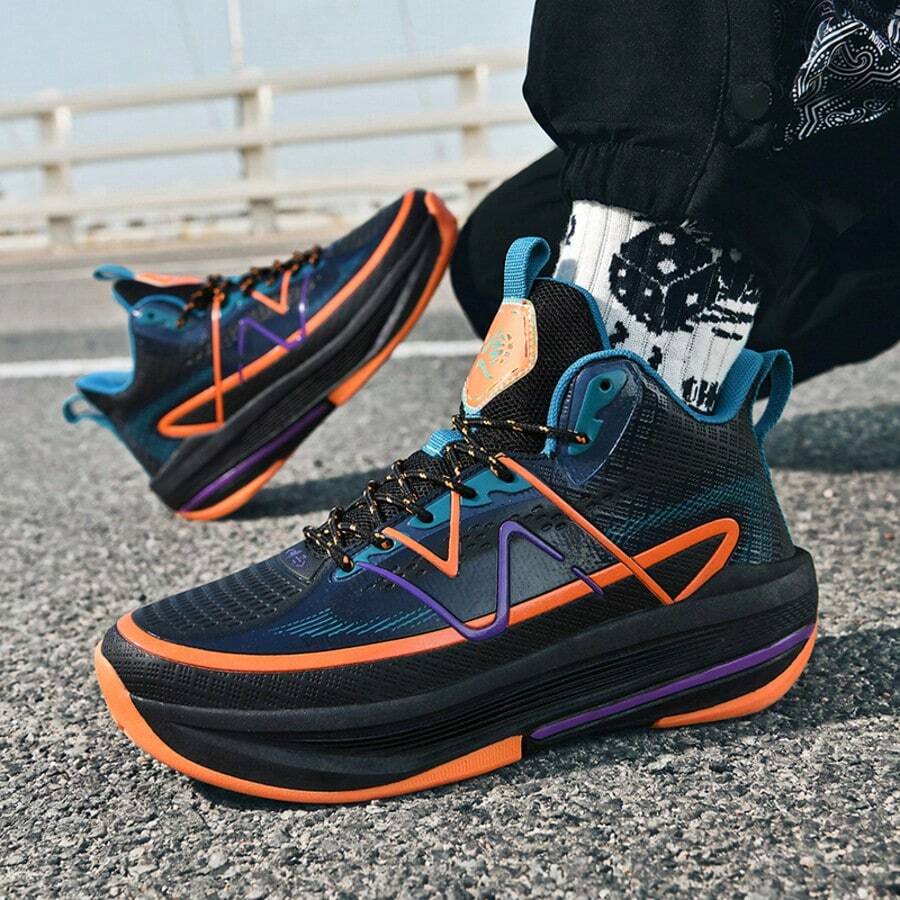 Men's Basketball Shoes Student High Elastic Midsole Non-Slip Grip Wear-Resistant Training Basketball Shoes Plus Size Sports Shoes Black - Black Orange - View 1
