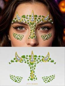 1pc Green Dragon Horn Monster Face Rhinestone Sticker, Self-Adhesive Glitter Dragon Horn Scale Face Decoration, Suitable For Halloween, Cosplay, EDM Party Temporary Face Sticker - Multicolor - View 2