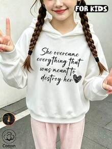 Tween Girl Retro Quote Heart Graphic Hoodie, Girls Positive Slogan Hooded Pullover - White - View 3