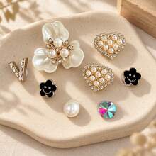 13pcs Gold Pearl Hollow Shoe Charms, ABS Flower Heart Rhinestone Chain Shoe Decorations, DIY Shoe Accessories For Women And Girls - Gold Pearl Flower Style - 13PCS - View 5