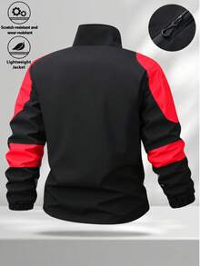 Men's Stand Collar Colorblock Patchwork Jacket, Versatile Cardigan Outerwear, Street Style Minimalist Design Long Sleeve Coat, Daily Outdoor Multi-Scenario Wear Stand Collar Top - black red - View 2