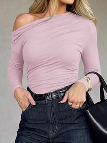 Unadoll Women Fall‑Winter Asymmetrical Slant‑Shoulder Long‑Sleeve Ruched Crop Top, Fitted Basic Tee For Back To School, Daily & Going Out - Pink - View 8