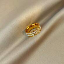 1pc High-End Stainless Steel Cz Inlaid Full Stars Single/Double Row Diamond Ring, Fashionable And Non-Fading, Suitable For Couples, All Seasons - Double Circle Gold - View 7
