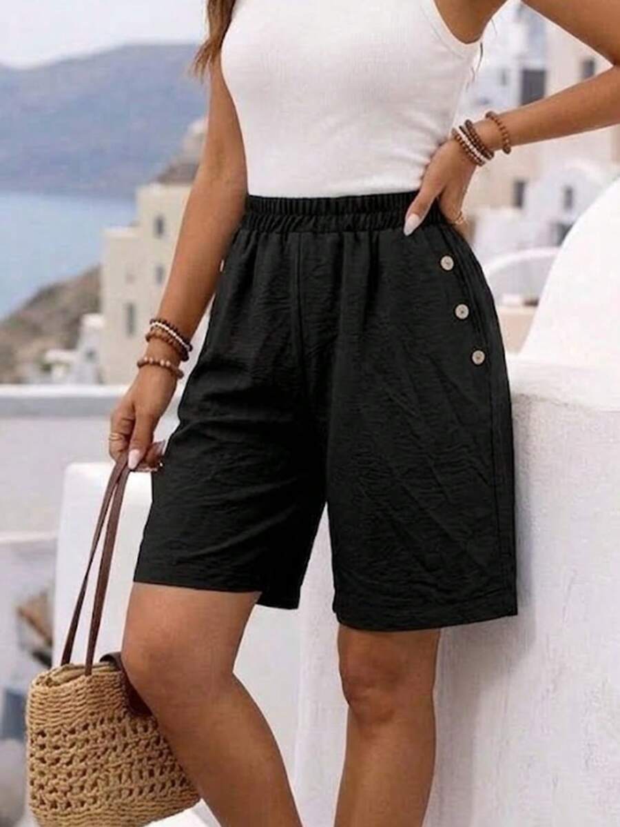 Jisfaneya Solid Color Button Pocket Design Pleated Effect Fabric Black Wide Leg Pants, Casual Daily Spring/Summer Short Wide Leg Shorts - Black - View 1
