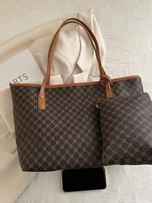 X.Y. Bags 女款咖啡棕幾何字母托特包，配皮革手柄與迷你小包，日常通勤購物手提包 - 咖啡 - 查看 9