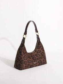 Vintage Brown Leopard Print Velvet Texture Underarm Hobo Bag Minimalist Crescent Crossbody Bag Niche Style Suitable For Commuting And Shopping - Coffee - View 3