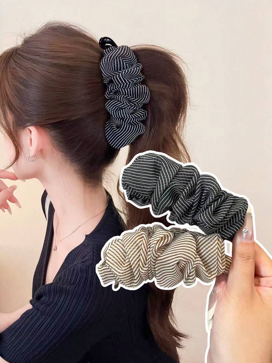 1pc Women's Vintage Striped Fabric Ruched Hair Clip, High Ponytail Hair Clip, Soft Aesthetic Hair Accessory - Multicolor - View 1