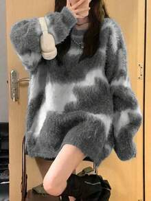 Vintage Women's New Loose Oversized Slouchy Knit Plush Soft Cardigan - Grey - View 2