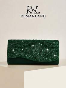 REMANLAND Fashionable Deep Green Party Clutch, Eye-Catching Pleated Satin Design With Sparkling Rhinestones, Suitable For Prom, Cocktail Party And Special Occasion Evening Bag - Dark Green - View 1