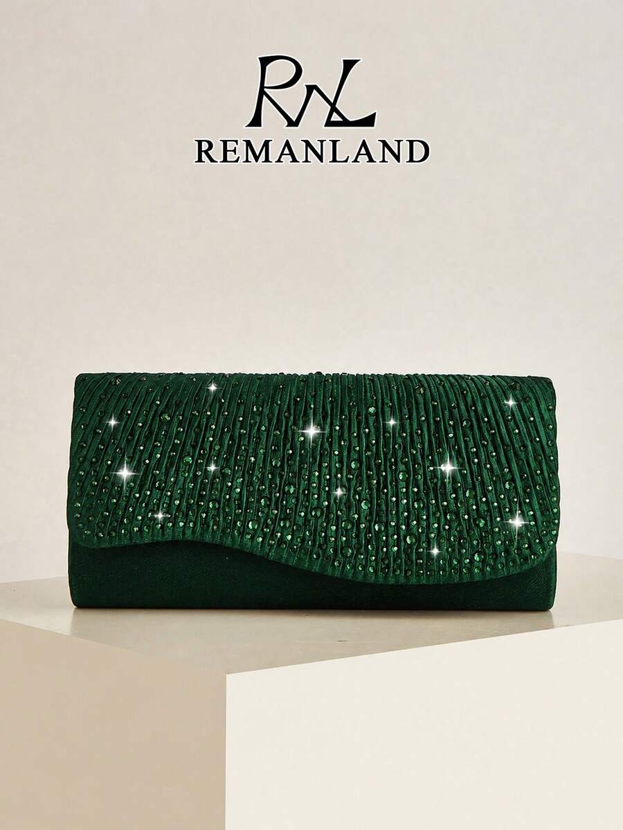 REMANLAND Fashionable Deep Green Party Clutch, Eye-Catching Pleated Satin Design With Sparkling Rhinestones, Suitable For Prom, Cocktail Party And Special Occasion Evening Bag - Dark Green - View 1