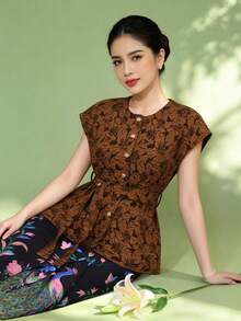 Muslim Women's Elegant Jacquard Batwing Sleeve Cardigan With Belt, Brown - Coffee Brown - View 2