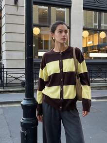 Áo cardigan len dệt kim cổ tròn kẻ sọc nữ, phối màu nâu & vàng, cài cúc, dáng rộng, áo khoác len - Nhiều màu - Xem 7